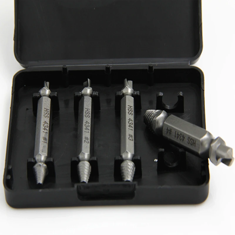 HSS 4341 4pcs Damaged Screw Remover Double-End Stripped Screws  Extractor Set Bolt Extractor For Drill Taladro Manual