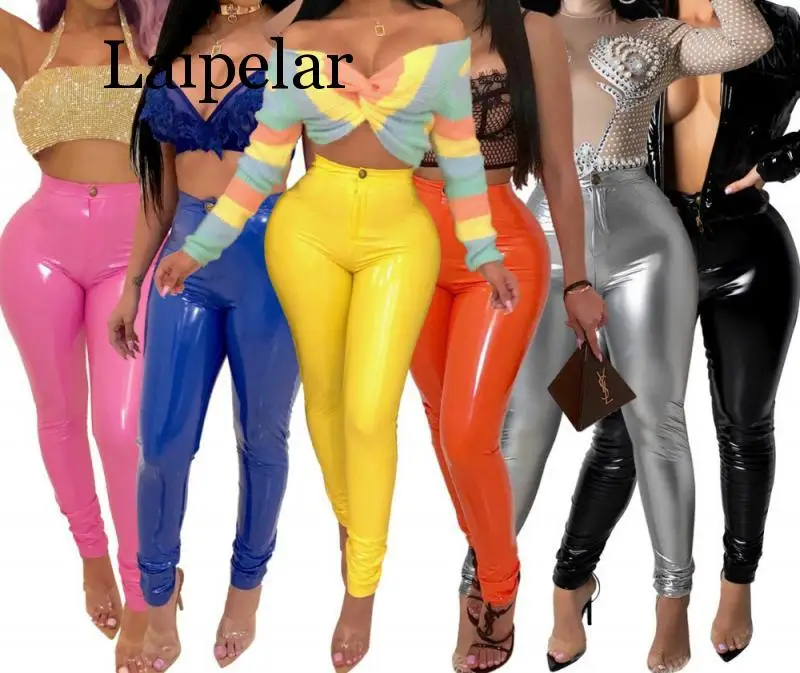 

Laipelar Women PU Leather Pants Button Zippers Faux PU Leather Capris High Elasticity Trousers Faux Leather Long Pants