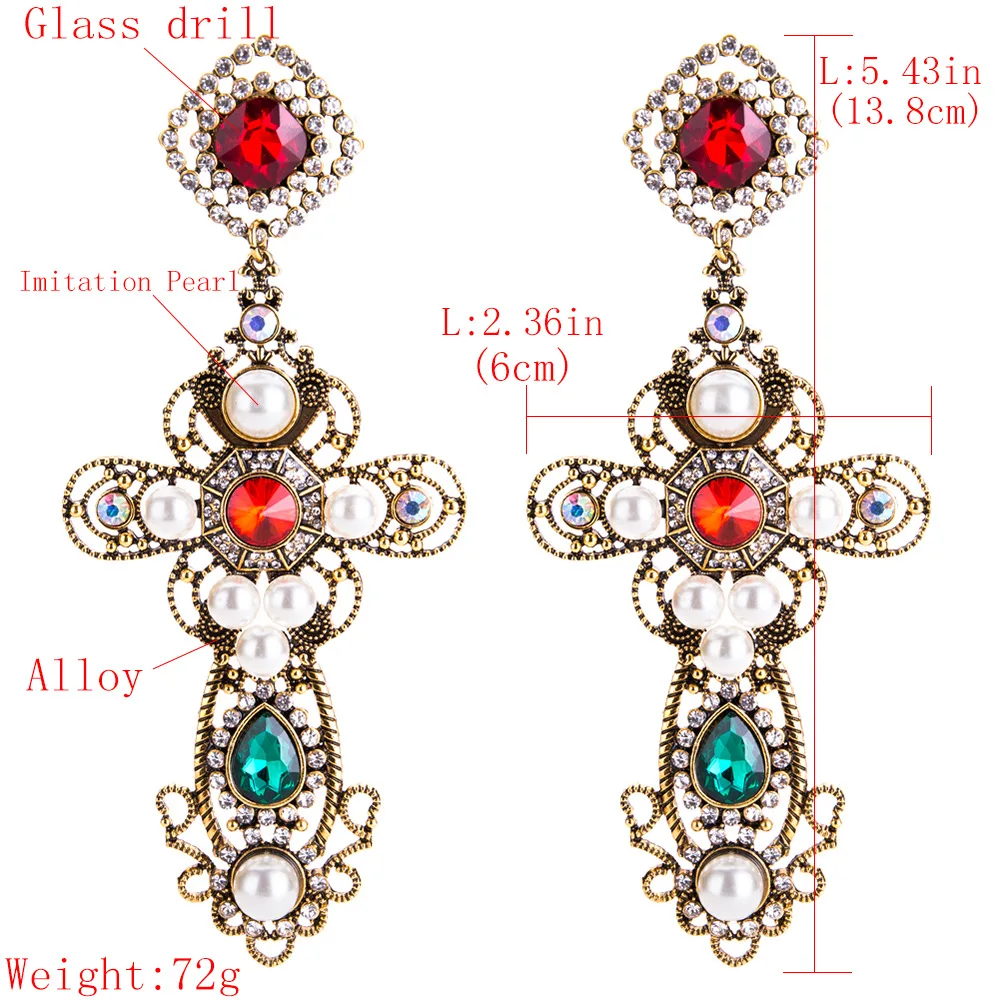 Vintage Baroque Style Inmitation Pearls Big Cross Dangle Earrings for Women Jewelry Hot Sale Classic Statement Accessories