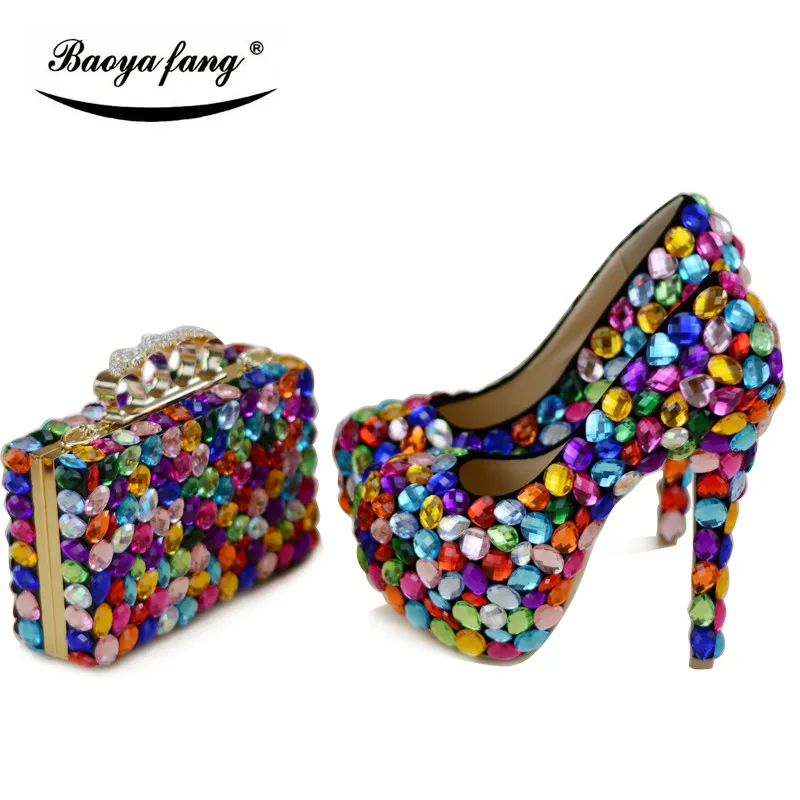 Multicolor big cyrstal wedding shoes with matching bags woman fashion shoes women Pumps High heels Party dress shoes big size