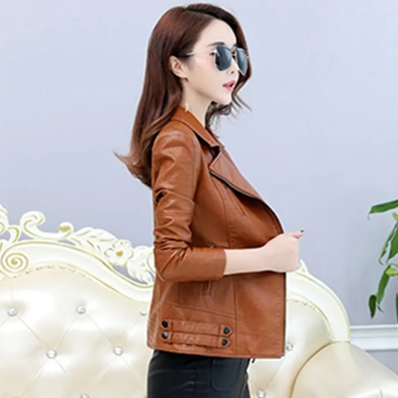 UHYTGF Sheepskin Coat Female Fashion Spring Autumn Jacket Ladies Slim Short Coats Lady 4XL Loose Size Leather Jackets Women 791