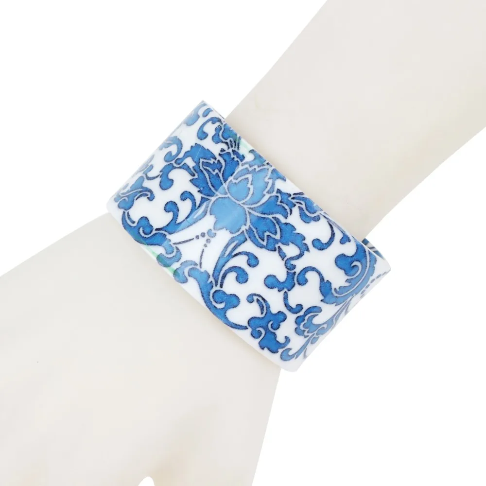 Bonsny Plastic Chinese Blue And White Porcelain Pattern Bangles Bracelets Fashion Ethnic Jewelry For Women Girl Ladies Gift Bulk