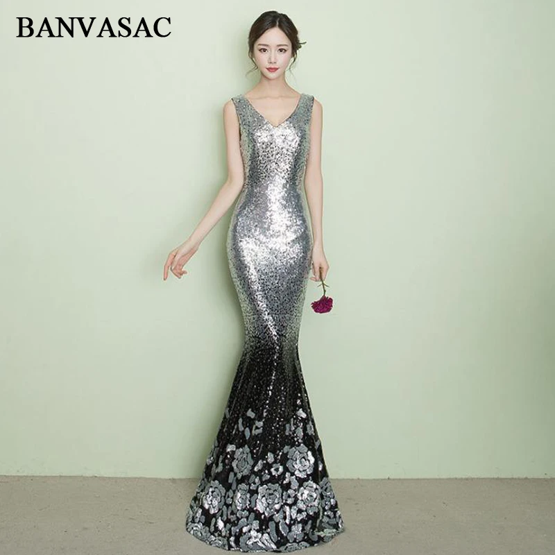 

BANVASAC Elegant V Neck Sequined Mermaid Long Evening Dresses Party Flowers Pattern Tank Backless Prom Gowns