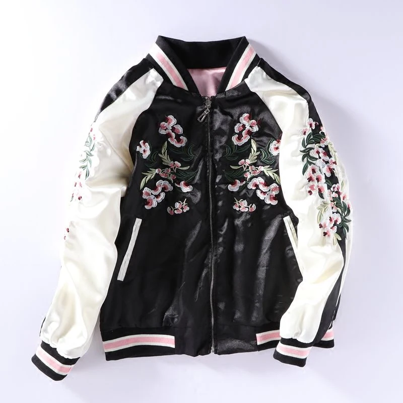 Double Side Face Wear Pink Sakura Embroidery Satin Cardigan Coat Tops Women Autumn Winter Street Casual Baseball Jackets Cloth