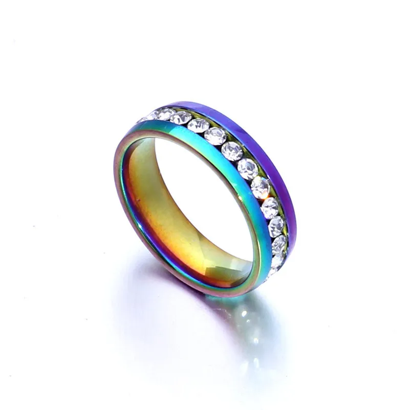 Classic Men Women Rainbow Colorful Crystal CZ Ring 316 Titanium Steel Wedding Band Ring Width 4mm Size 5-13 Gift