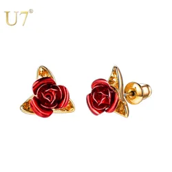 U7 Cute Red Rose Metal Flowers Stud Earring For Women Lady Romantic Gift Brincos Wedding Earrings Party Jewelry E1014