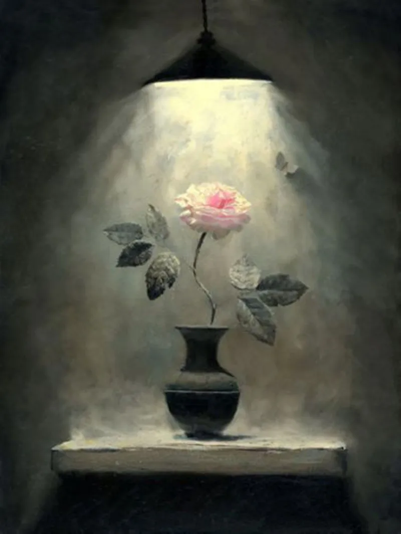 Beautiful Flower Canvas Oil Painting for Wall Decor Antonov Rose Flowers in Pottery Vase Under the Lamp Handpainted Vertical