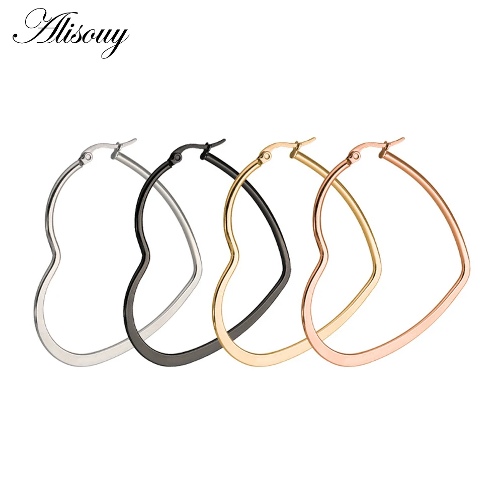Alisouy 1pair Heart Shaped Large Hoop Earrings Rose Gold Color Stainless Steel Round Circle Hyperbole Earrings Nightclub Jewelry