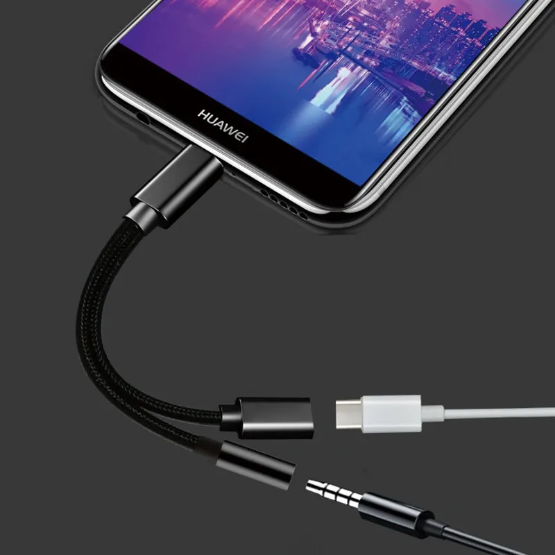 2in1 Type-C To 3.5mm Jack Headphone Charger Adapter AUX Type-c Audio Cable Splitter Converter Charging Cable For Huawei Xiaomi