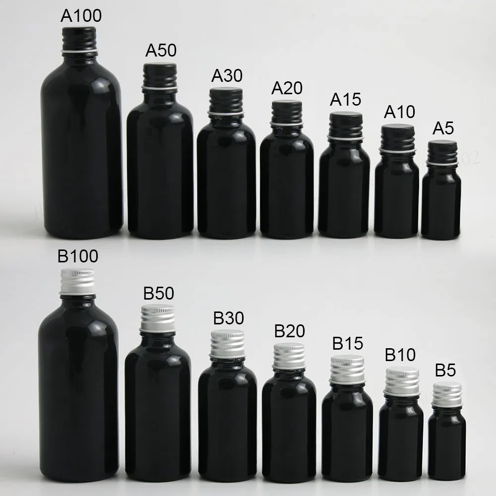 

Promotion Shining Black Essential Oil Bottle With Aluminum Lids Caps Reducer 5ML 10ML 15ML 20ML 30ML 50ML 100ML 12PCS