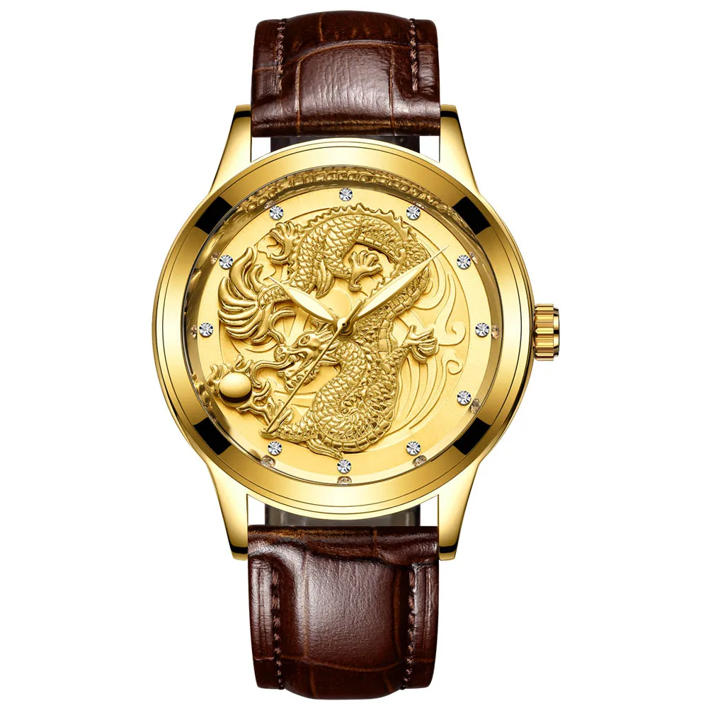 FNGEEN-Relógio Masculino Dragão Padrão Quartz, Cinto de Aço Ultra-Fino, Luminous Gold Color, Novo