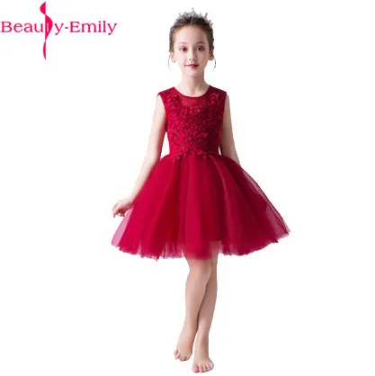 Beauty Emily Princess Ball Gown Red Flower Dress 2019 Knee Length First Communion Dresses Girls Pageant Dress Kids Prom Dress