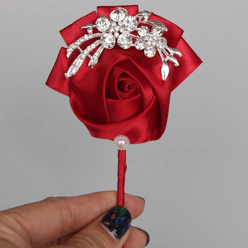 Burgundy Satin Rose Wedding Corsage for Groom Boutonniere DIY Crystal Brooch Bridal Wedding Decoration Best for Man XH001-4