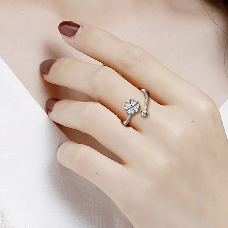 Trendy Silver 925 Sterling Rings For Women Jewelry Fashion Crystal Clover Girls Finger Rings Accessories Lady Birthday Gift
