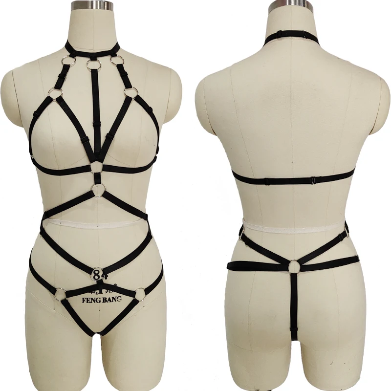 

Women Ring Body Harness Set Strappy Sexy Bondage Lingerie Belt Punk Gothic Festival Rave Adjust Tops Neck Cage Bra Fetish T-back