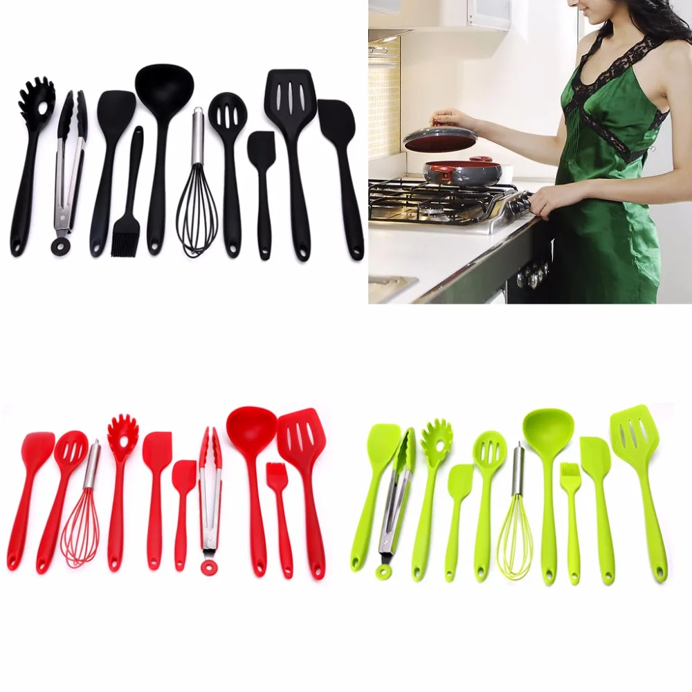 10Pcs/Set Green Heat Resitant Non-stick Silicone Kitchen Utensils Set Cooking Bake Tool Spatula, Spoon, Brush, Wisk, Tong