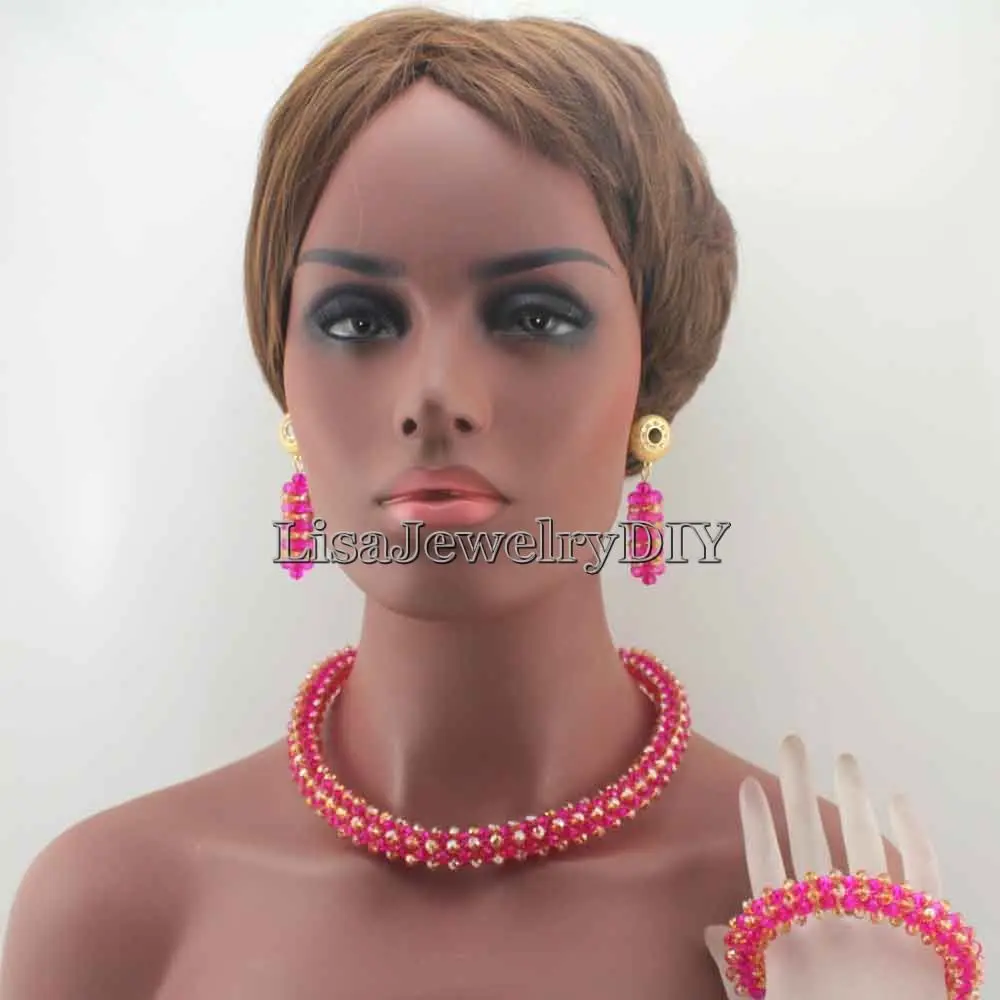 

Handmade Mix PInk and Crystal Necklace Earrings Bracelet Set Women Wedding Jewelry Set Bridal Party Free Shipping HD7913