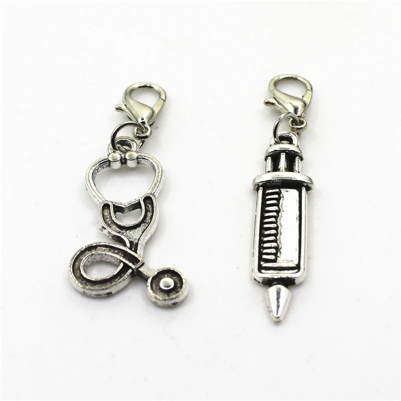 Wholesale 20pcs Stethoscope Syringe Lobster Clasp Charms Diy Jewelry Accessory For Bracelets Hanging Charms