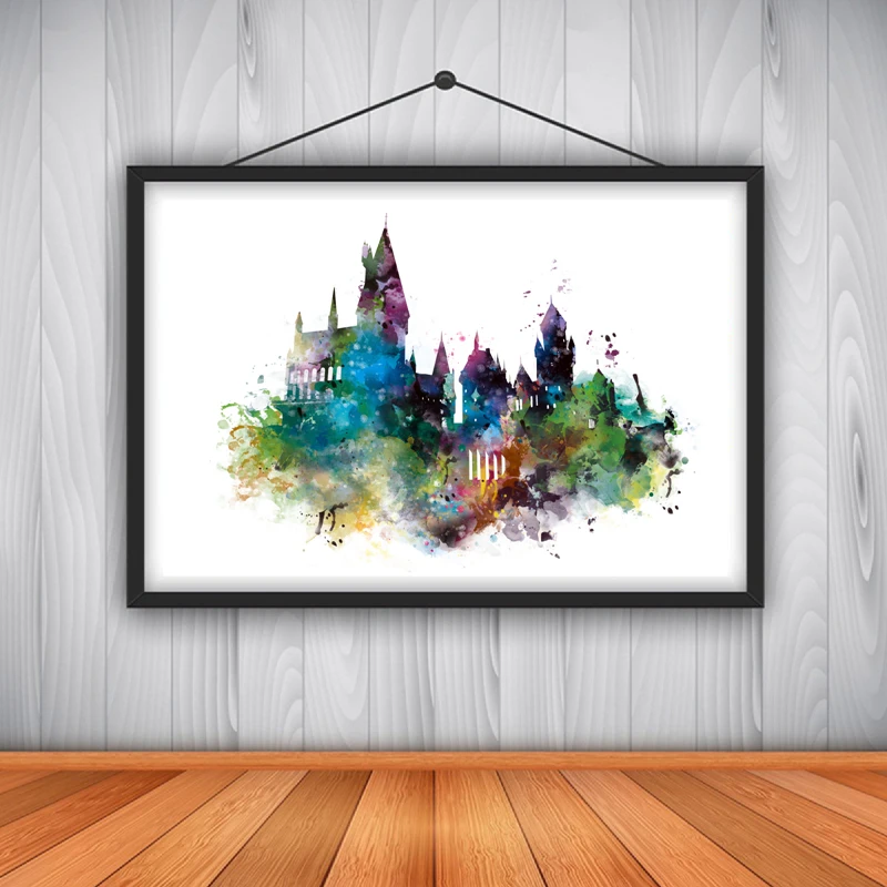 Watercolor Castle Art Canvas Painting Wall Picture , Harry Canvas Prints Watercolor Castle Poster Kids Room Decor