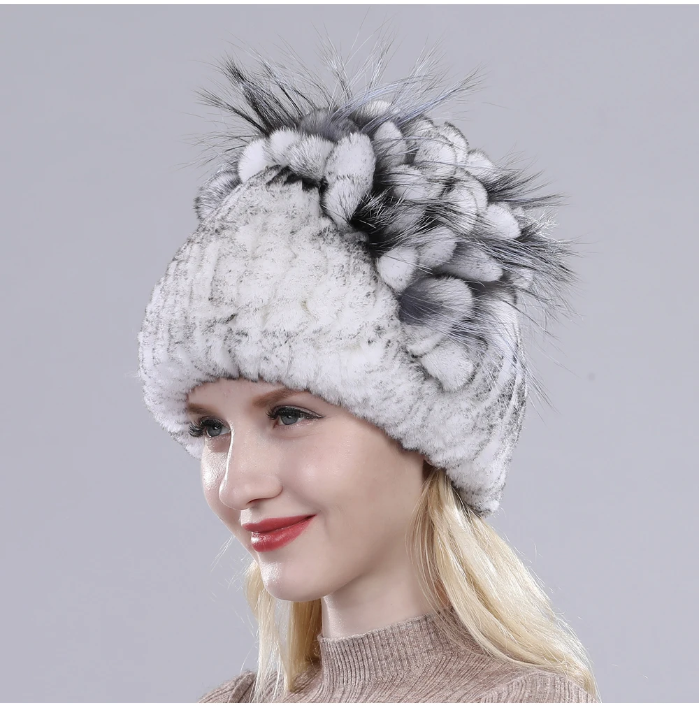 Neue Russische Damen Echt Rex-Kaninchenfell Mützen Luxuriöse Gestrickte Blumen Echte Rex-Kaninchenfell Kappe Winter Echt-Fell Beanie Mütze – Detail 6