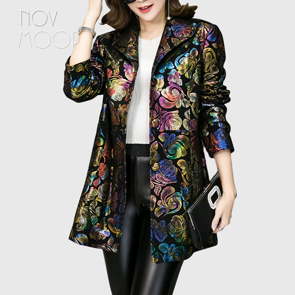 

Multi color floral print black genuine leather trench coat real lambskin leather coat outwear plus size casacos LT1892 FREE SHIP