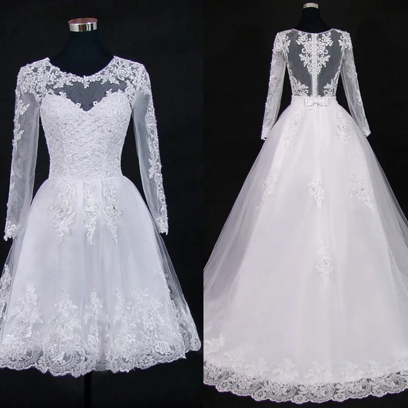 

Customized Detachable Train Lace Appliques Pearls 2 in 1 Wedding Dresses Bridal Gowns 2 en 1 Vestido De Noiva Illusion