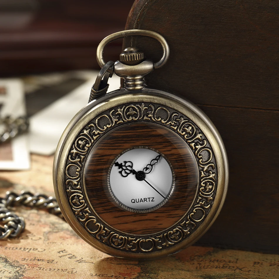 Vintage Wood Pocket Watch Men Box Arabic Numeral Quartz Fob Watches with Chain Pendent Steampunk Pocket Watches Relogio De Bolso