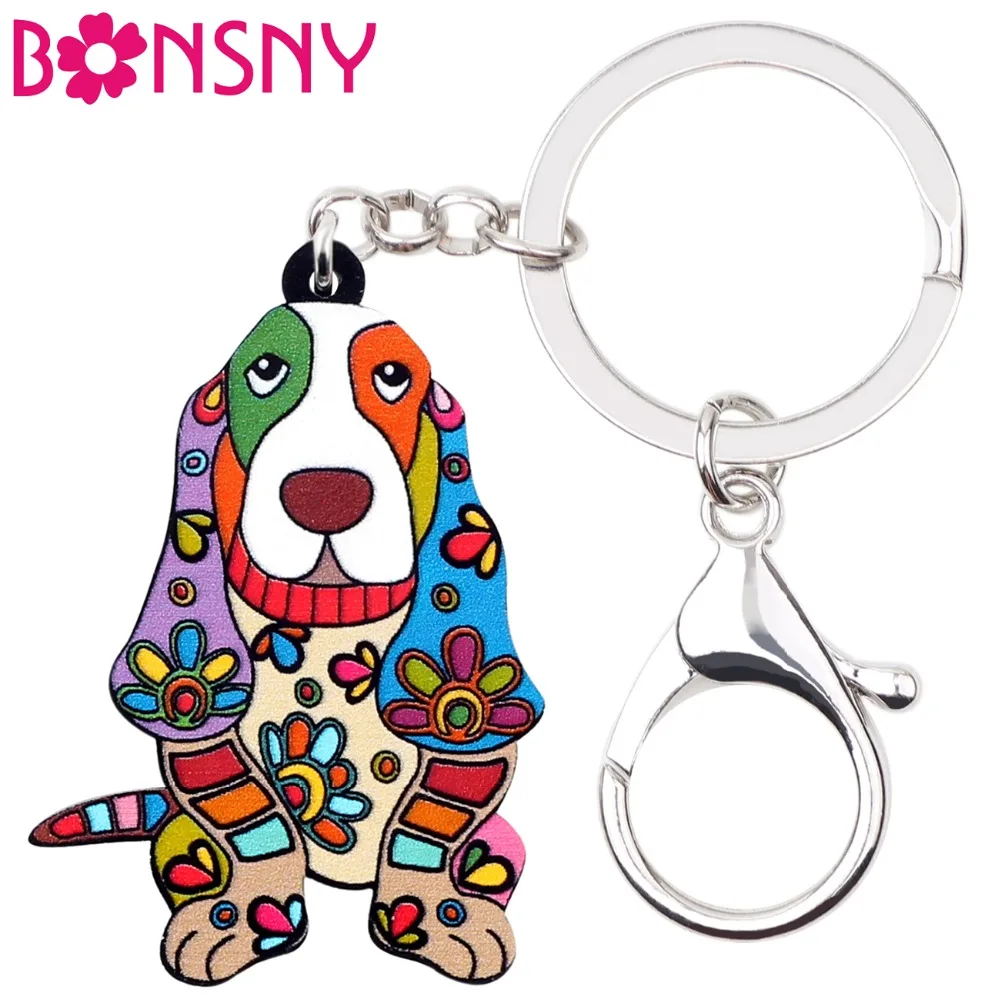 Bonsny Acrylic Cartoon Floral Basset Hound Dog Key Chain Keychain Rings Novelty Animal Jewelry For Women Girl Kid Bag Car Bijoux