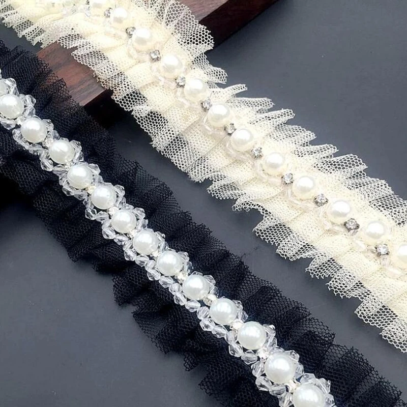 1 yard 1.5cm Ivory Pearl Beaded Handmade Lace Edge Trims Wedding Dress Belt Sash Ribbon Bridal Applique Fabric Sewing Craft DIY