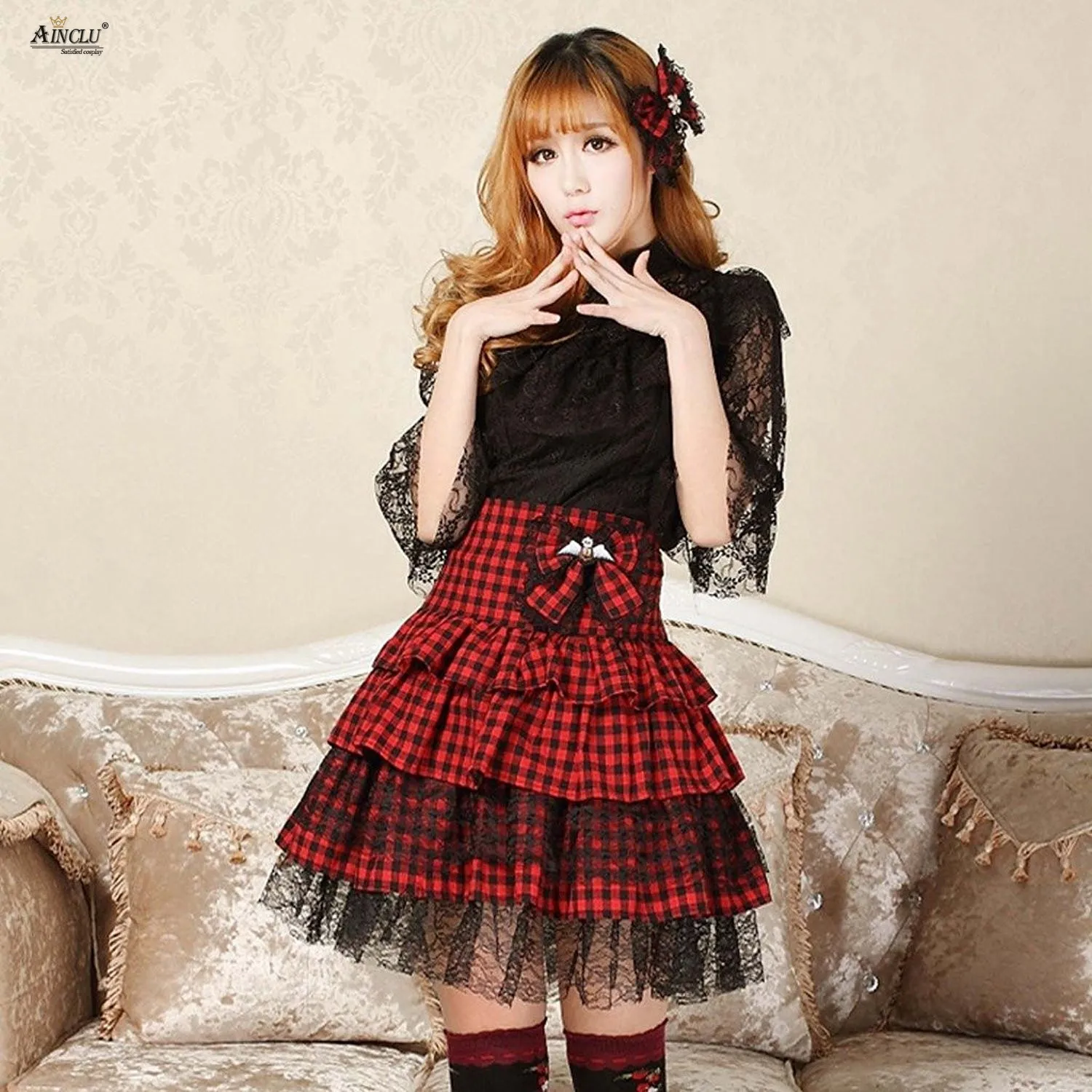 Ainclu Party Summer Skirts Red Plaid Lolita Lace Skirts Womens Cotton Polyester Lace Three-Layers Skirts Cosplay