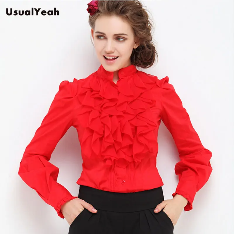 

UsualYeah New Spring Women Elegant OL Stand Collar Ruffles Lantern Long Sleeve Body Blouse Shirts Blusas S-M-L-XL White Red