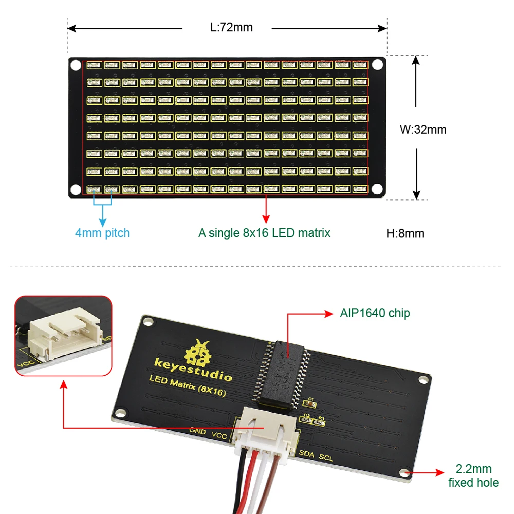 Keyestudio 8x16 LED Dot Matrix Board ze złączem PH 2.54 + kabel 4Pin do Arduino