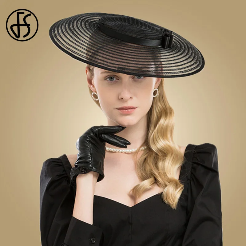 FS Big Black Wide Brim Hats Fascinators For Women Church Hats Elegant White Kentucky Lady Bow Wedding Party Dress Fedoras