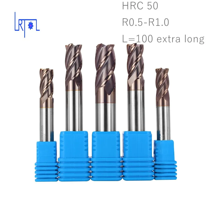 hrc50 R0.5 R1*4 5 6 7 8 10 12 *L75 100mm Carbide 4 Flutes Corner Radius End mill CNC Spiral Router bits Milling Tools