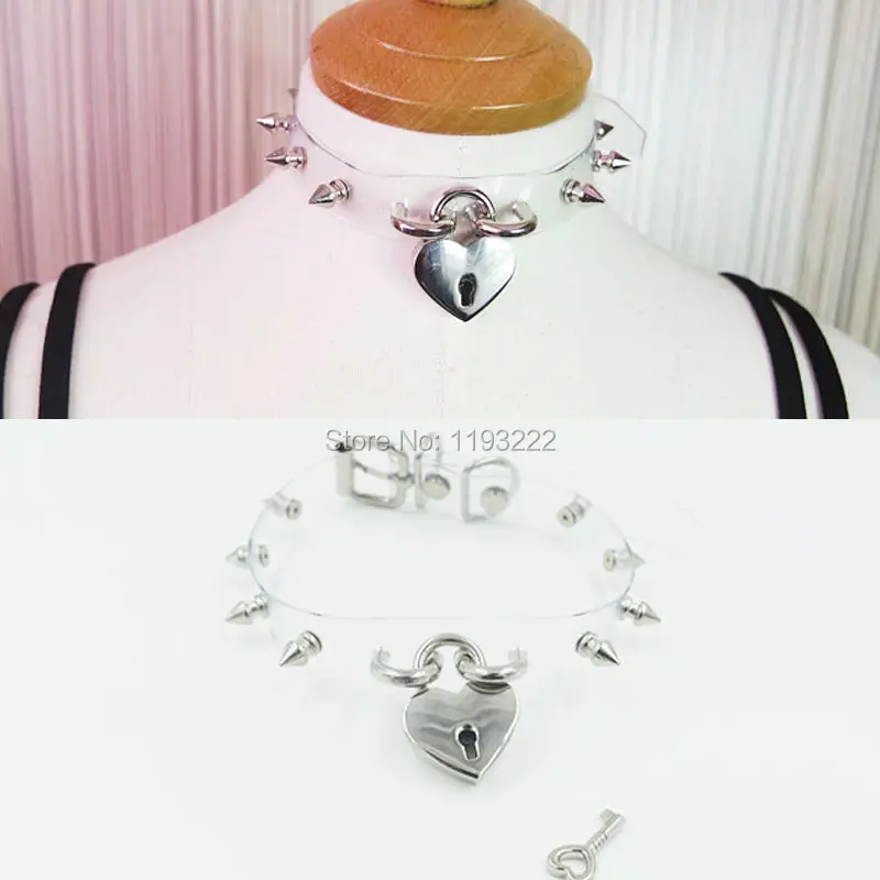 Handcrafted Safe Heart Choker Lock Key Lockable Clear PVC Vinyl Spikes Spiked Collar Adjustable Choker Necklace