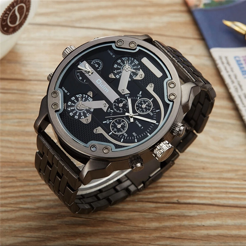 Oulm Two Time Zone Big Dial Japan Quartz Military Watches Men Luxury Brand Steel Wristwatch Male Military Watch Golden Hours