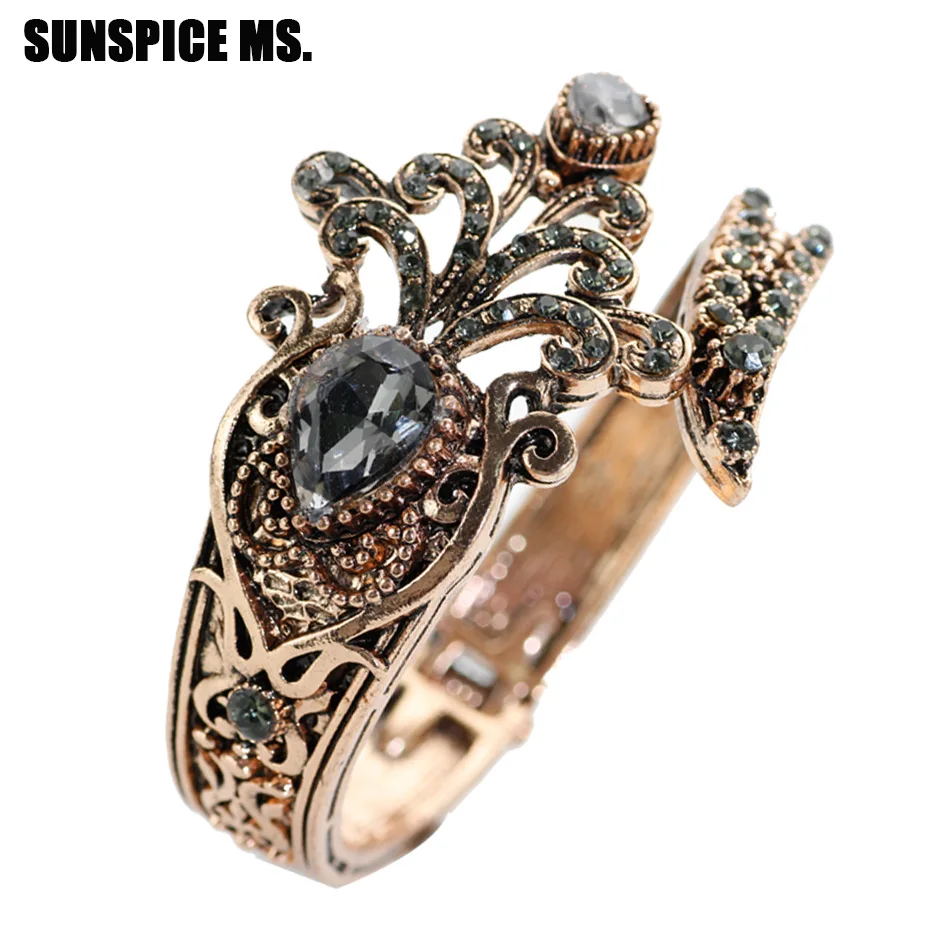 Sunspicems Retro Vintage Turkish Women Bracelet Bangle Antique Gold Color Bohemia Bracelets Indian Gray Crytal Wedding Jewelry