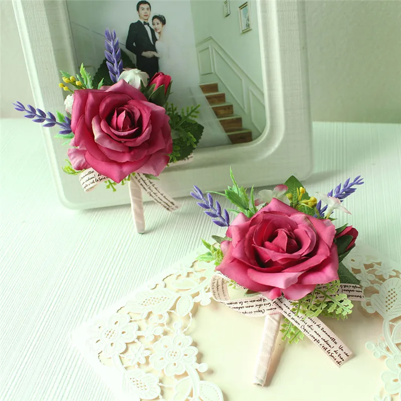 Lovegrace Boutonniere Bruiloft Corsages en Boutonnières Roze Rose Zijden Bloemen Boutonnières Bruidegom Mannen Huwelijk Bruiloft Accessoire