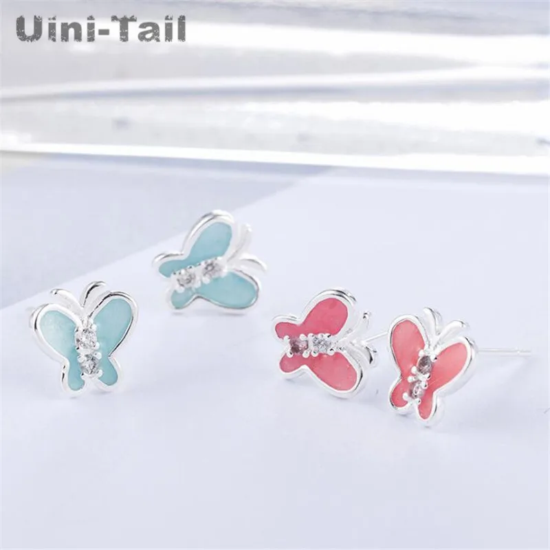 Uini-Tail hot new 925 Tibetan silver cute pink small butterfly earrings Korean fashion tide flow high quality jewelry GN460