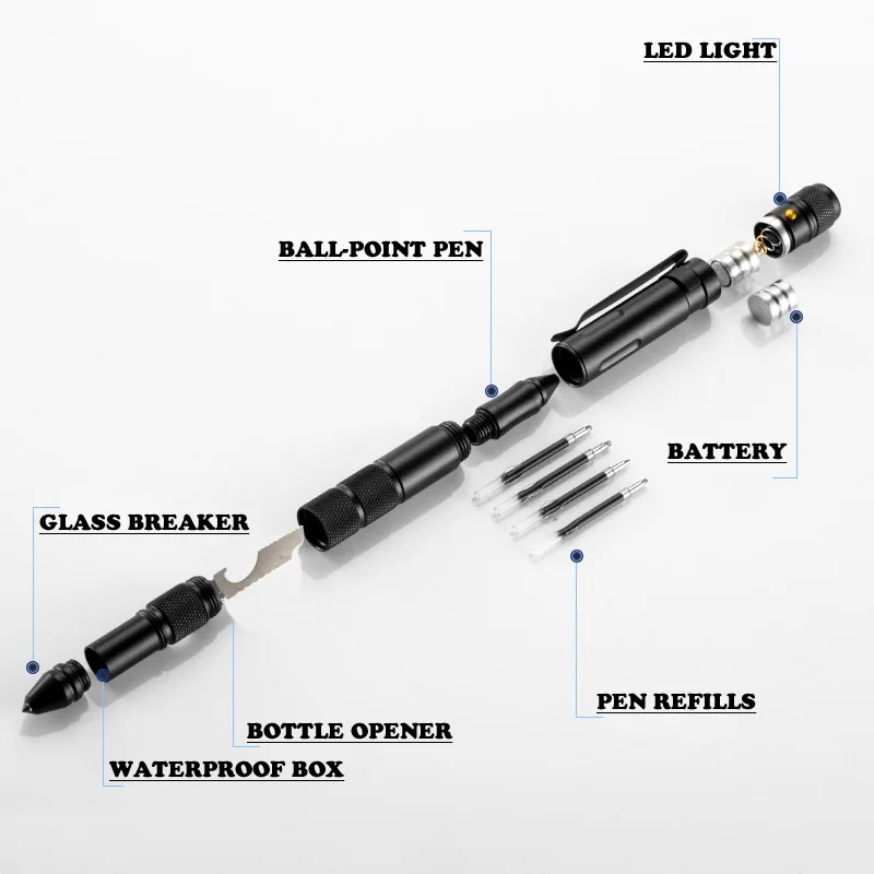 5-In-1 Portable Tactical Pen Flashlight Emergency Glass Breaker Waterproof Storage Case Outdoor Self Defense Rescue EDC Tool