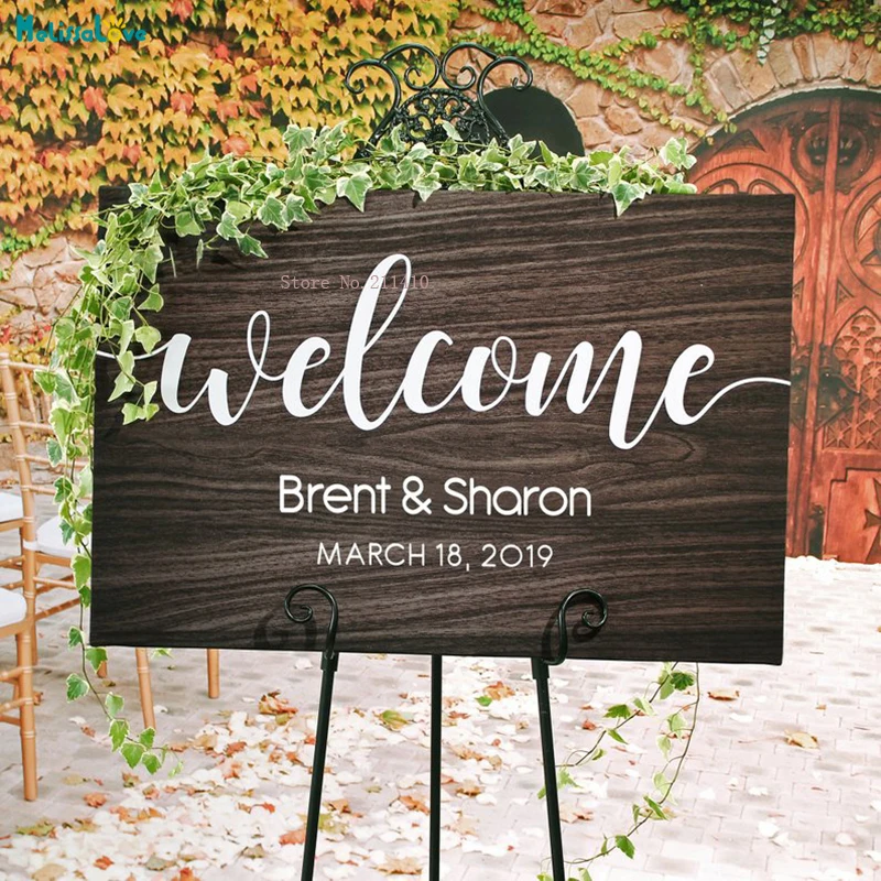 Modern Design Wedding Welcome Sign Rustic Wood Decals Custom Name and Date Decoration Art Murals Easel Not Included YT1330