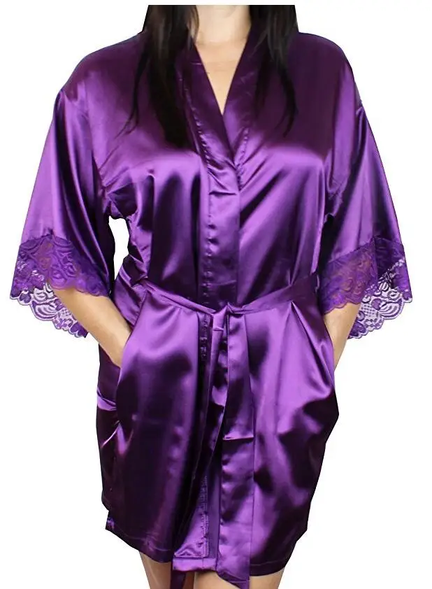 Mid-sleeve sexy women nightwear robes plus size M L XL XXL lace real silk female bathrobes LM93