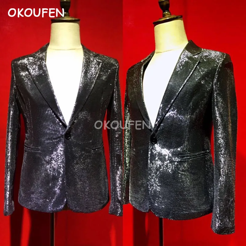 

Nightclub Singer Prom Party Outfit party show Stage Host dress Suit Men's Fashion Black Sequins Flashing Blazer