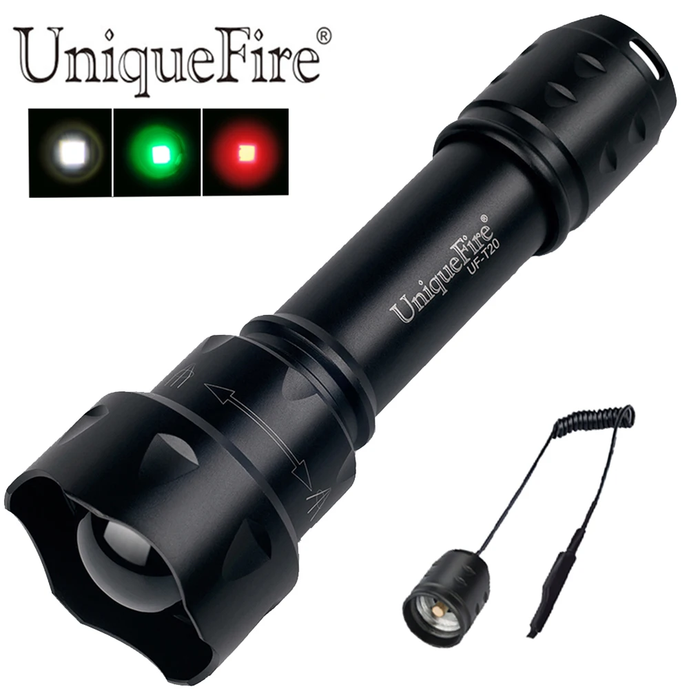 UniqueFire Military Flashlight UF-T20 XRE Led G/R/W Light Zoom 3 Modes Operating Torch with Remote Pressure