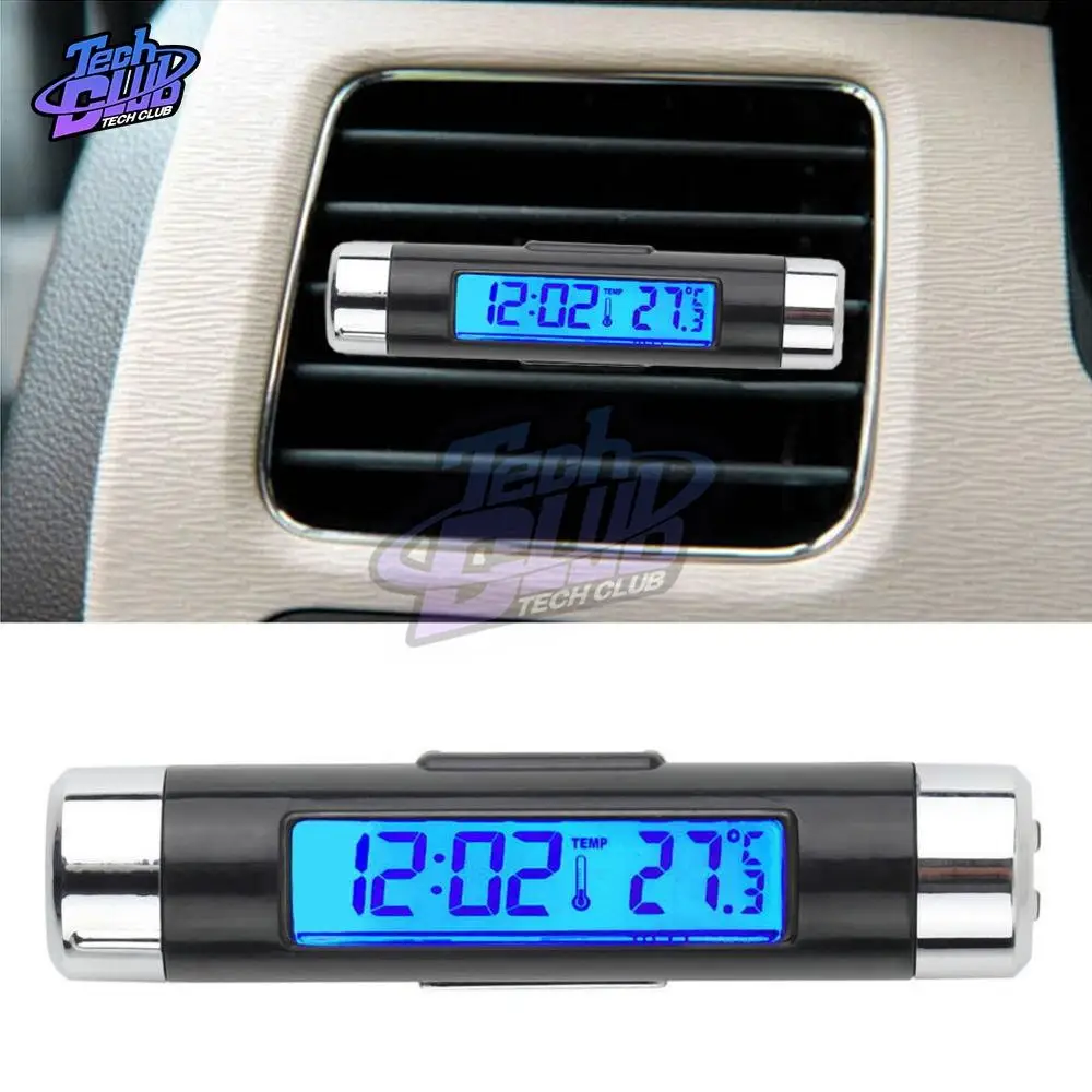 Portable 2 in 1 Car Digital LCD Clock Temperature Display Electronic Clock Thermometer Car Automotive Blue Backlight With Clip