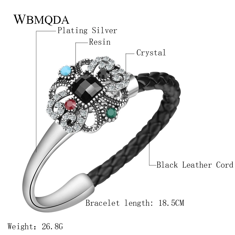 Punk Black Leather Bracelets For Women Vintage Silver Color Crystal Hollow Bow Knot Bracelet Bangles Fashion Jewelry 2018