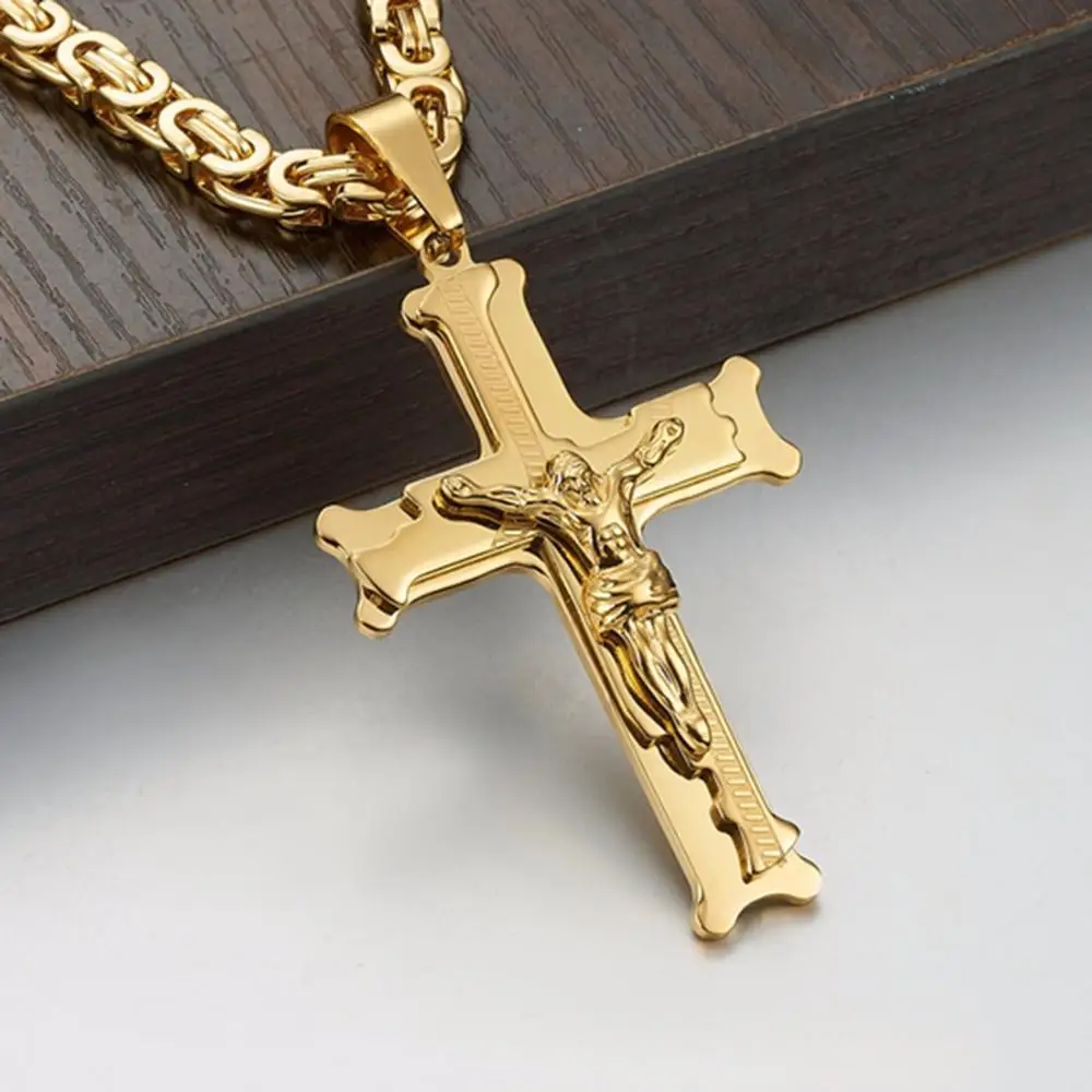 High Quality Gold Jesus Cross Men\'s Jewelry Stainless Steel Chain Byzantine Necklace Christian Crucifix Jewelry Christmas Gift