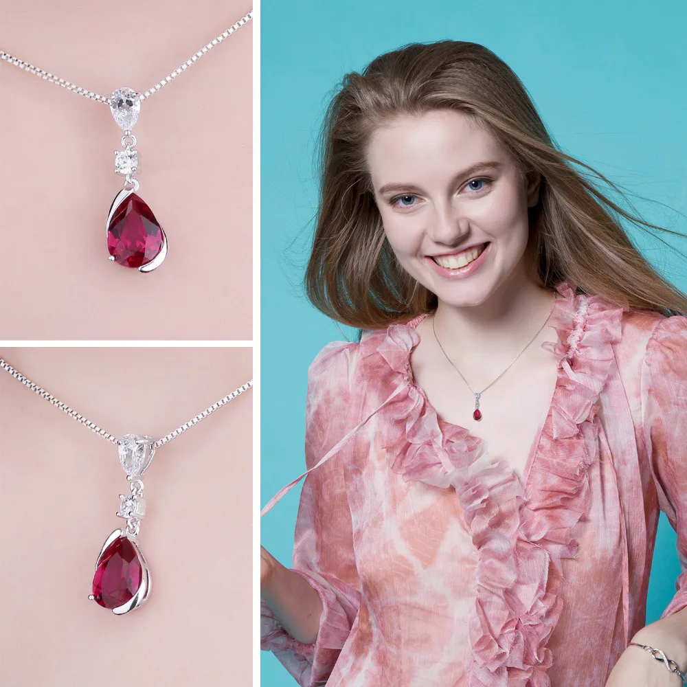 JewelryPalace 2.6ct الكمثرى مكون الأحمر روبي 925 فضة قلادة قلادة للمرأة خاتم مزين بحجر كريم مجوهرات لا سلسلة