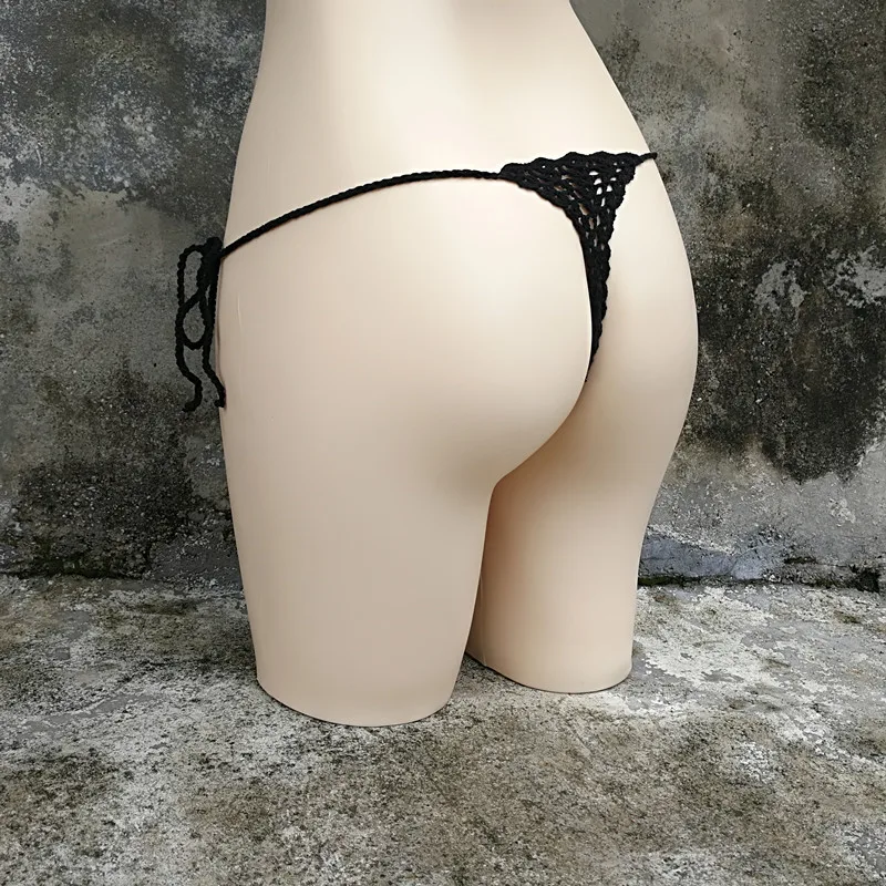 Crochê artesanal micro conjunto de biquíni sexy lingerie conjunto banho banho de sol preto
