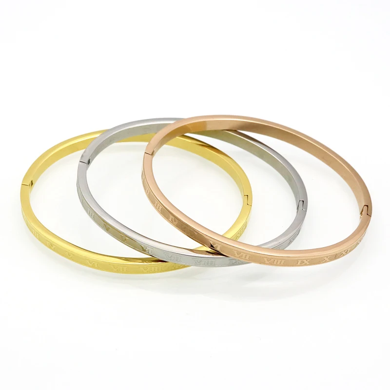 New Arrival 4mm Wide Stainless Steel Carving Roman Numerals Gold Color Woman Bangle Lover Cuff Bracelet Woman Jewelry For Gifts